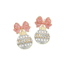 Gold Pink White Christmas Bow Ornament Drop Earrings