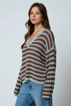 STRIPE RAW EDGE SPLIT NECK SHEER KNIT SWEATER : NAVY