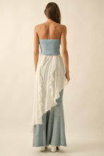 Light Chambray Tencel Denim and Gauze Strapless Ruffled Maxi Top