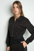 Black Rhinestone Zip Up Cropped Bomber Jacket