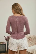 WASHED LONG SLEEVE RIBBED HENLEY KNIT TOP: LIGHT OLIVE