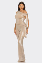 Nude Asymmetrical Shoulder Shirring Tie Top & Pants Set