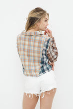 Taupe Blue Plaid Mix Distressed Button Up Shirt