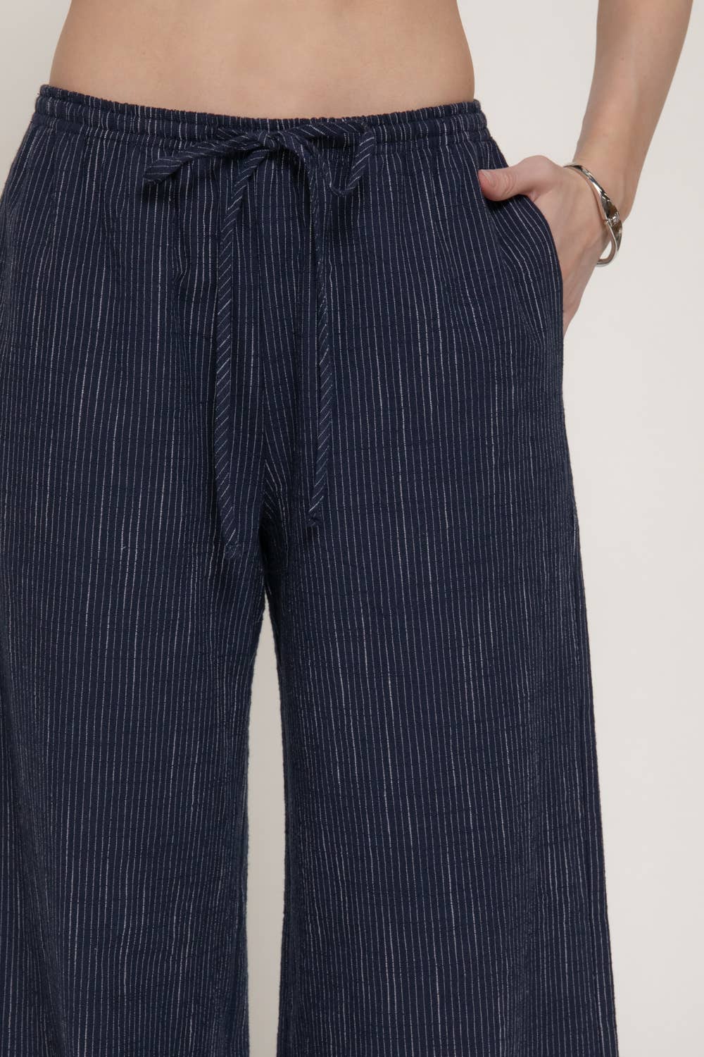 Navy Ivory Elastic Waist Striped Gauze Woven Pants