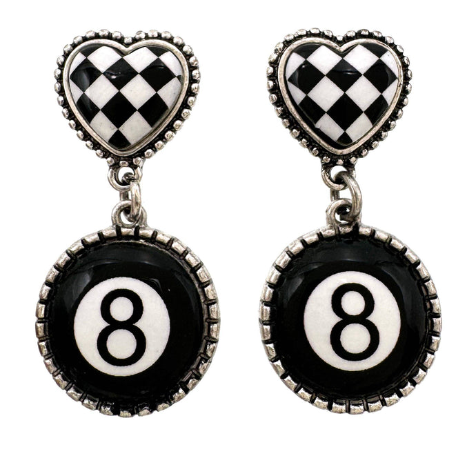 Black Checkered Heart 8 Ball Earrings: