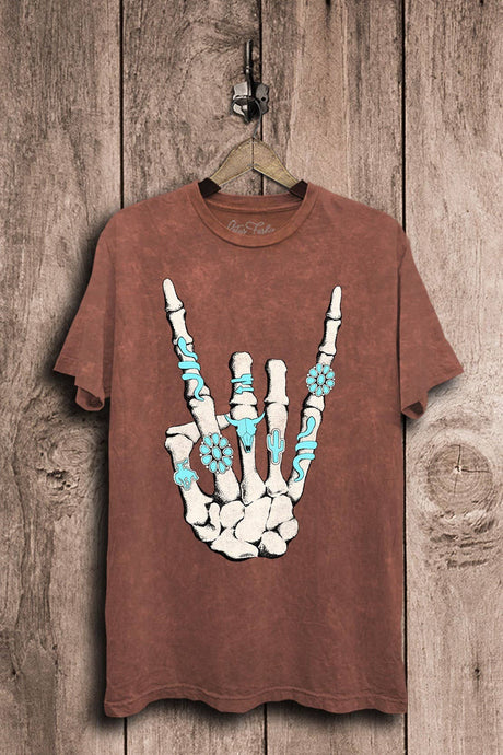 Vintage Wine Mineral Wash Skeleton Rock Hand Sign Graphic Top