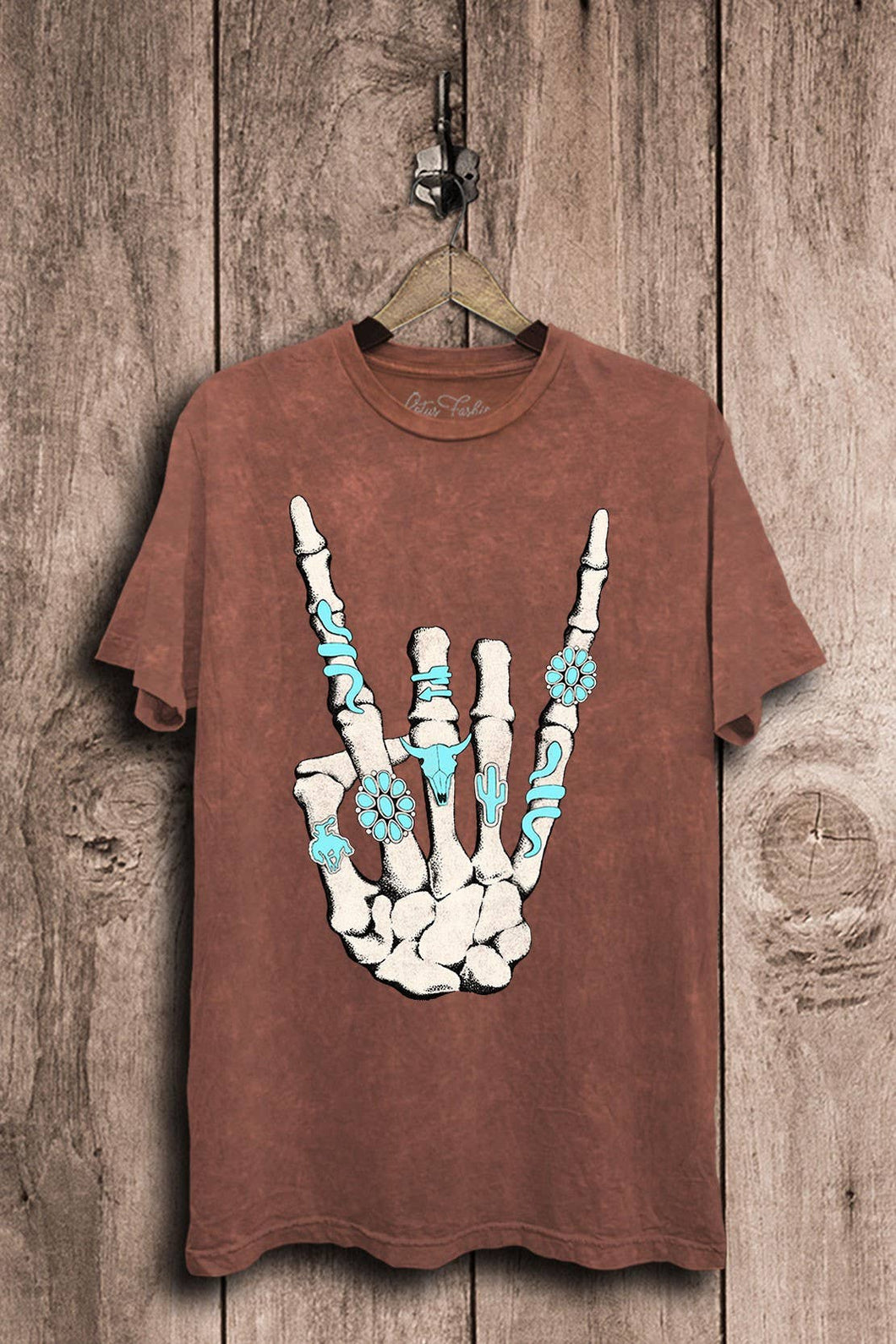 Vintage Wine Mineral Wash Skeleton Rock Hand Sign Graphic Top