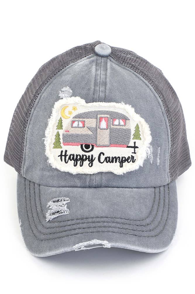 Grey C.C HAPPY CAMPER Patch Pony Cap