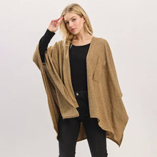 Black Asymmetrical Hem Solid Pull Through Draped Tie-Front Wrap Poncho