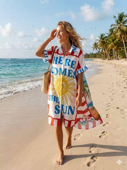 White Tropical Sun Long Shirt Dress