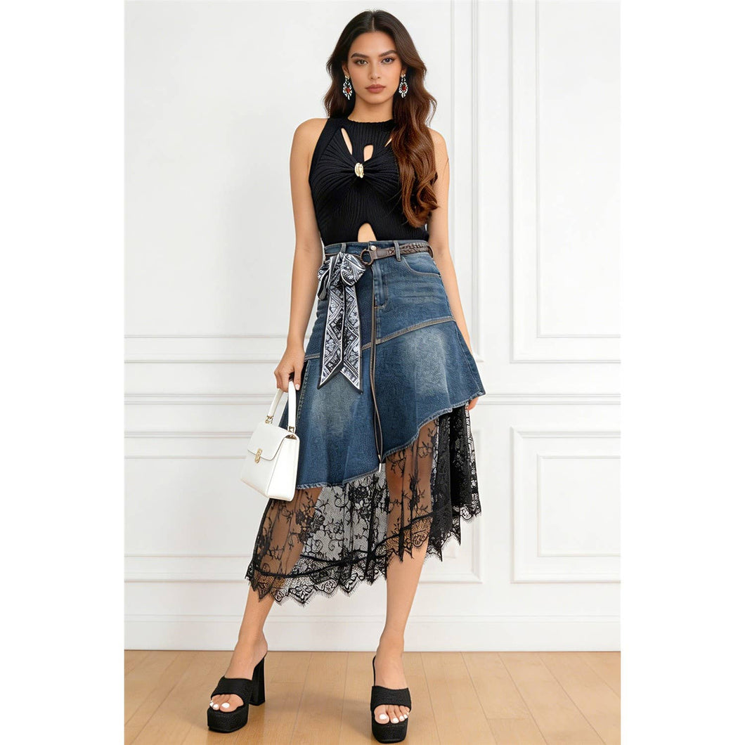 Blue Asymmetrical Denim & Lace Skirt with Belt