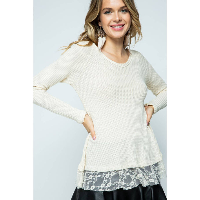 Cream Long Sleeve Lace Bottom Top