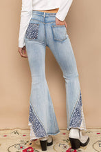 Denim Flare cut asymmetrical patch detail POL Jeans