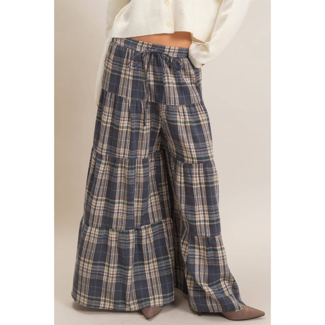 Blue Tiered Plaid Wide-Leg Pants