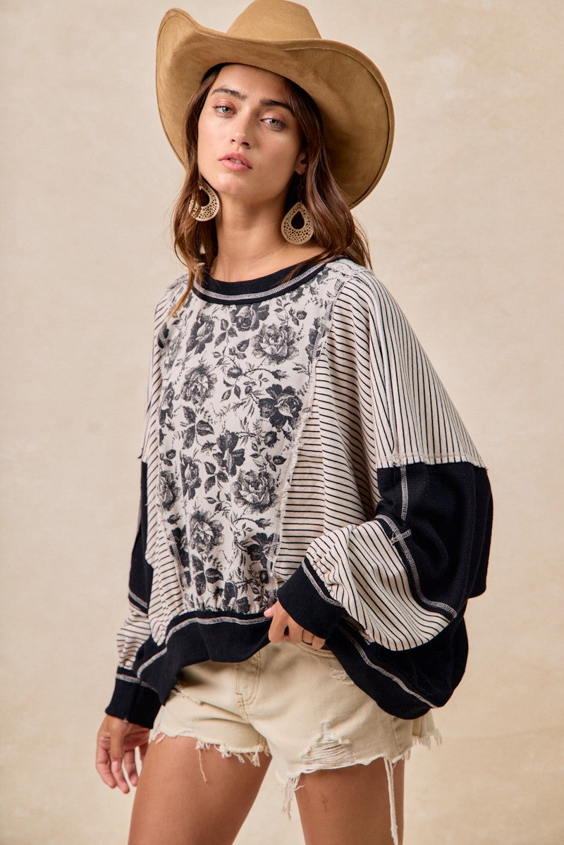 Grey Black Rose Twill Stripe Bibi Top 9/18/25 1158