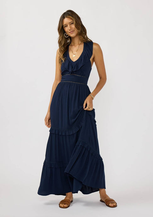 Navy Lace Trim Ruffle Tiered Maxi Dress