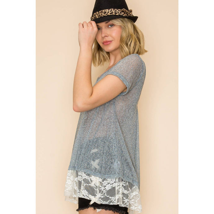 Denim Blue Semi V Neck Short Sleeve Knit Top with Laces