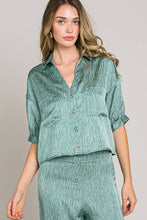 Green Short sleeve button down crop satin shirt