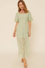 Seagrass Lace Square Neck Flounce Sleeve Fitted Maxi Dress