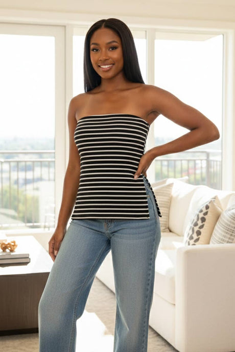 Black White Strapless Striped Ribbed Side Slit Tube Top
