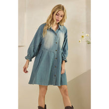 Med Wash Overfit Button Down Denim Veveret Shirt Dress