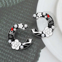 Black Gold Pearl Lipstick Flower Embellished Letter C Statement Earrings