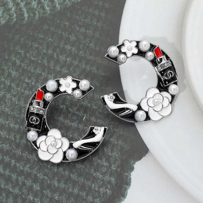 White Pearl Lipstick Flower Embellished Letter C Statement Earrings