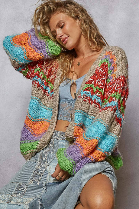 Mocha Multi Long sleeve striped pattern handmade sweater POL cardigan
