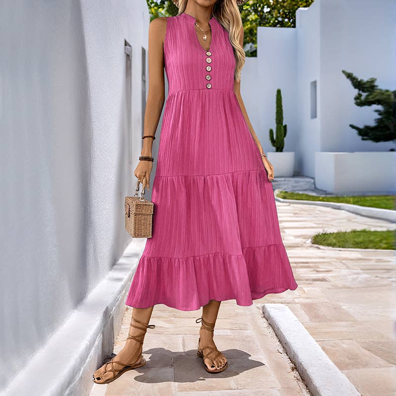 Rose Ruched Sleeveless Midi Dress with Stand Collar