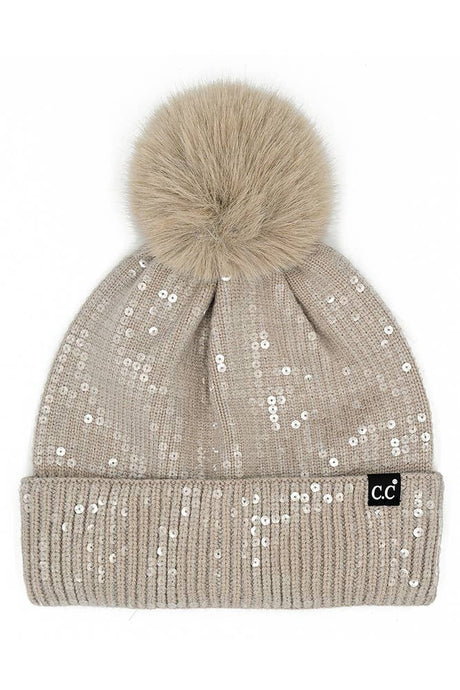 Light Taupe C.C All Over Clear Sequin Pom Beanie
