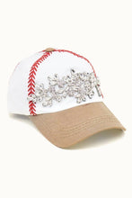 White Tan Baseball Themed Floral Vine Glitz Cap, Adjustable: