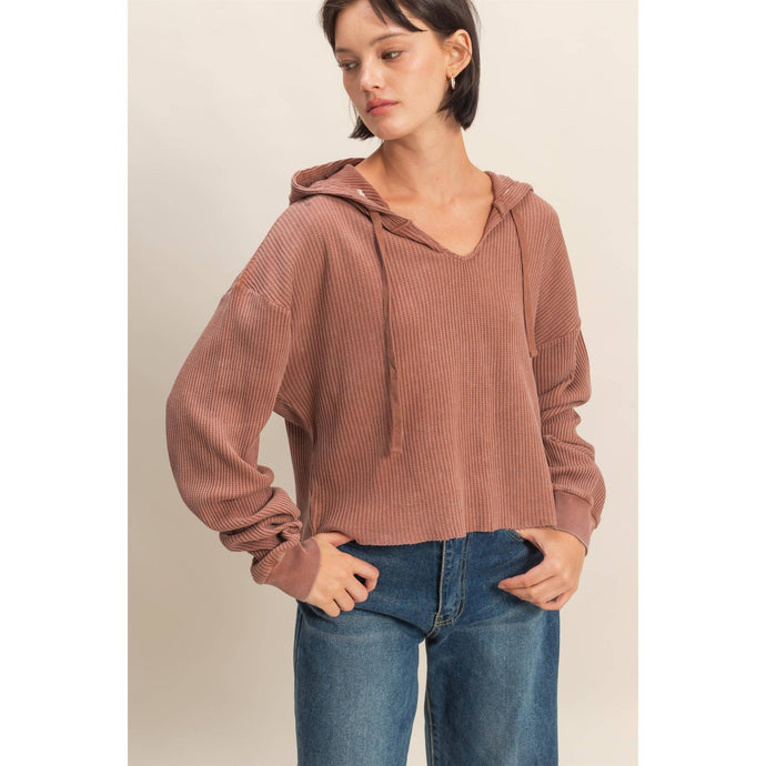Chestnut Mineral Washed Cropped Waffle Knit Hoodie
