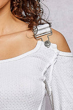 Vintage Washing Solid Buckle Open Shoulder Knit Thermal Top: PALE OLIVE