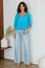 Turquoise Pleated Twist Front Draped V Neck Venti Blouse