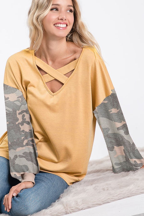 Mustard French Terry Camo Puff Sleeve Bibi Top 8/6/25 1069