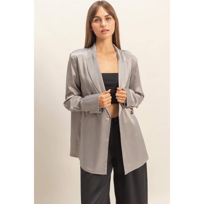 Grey Satin Long Sleeve Blazer