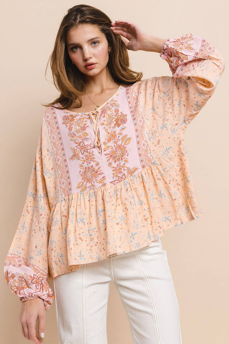 Blush Boho Paisley Peasant Balloon Sleeve Top