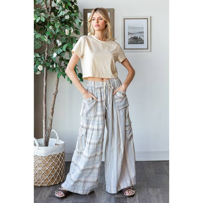 Blue Washed 3D Pocket Narrow Stripe Wide Leg Oli+Hali Pants