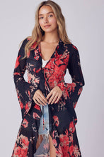 Black Coral Floral Ruffle Kimono