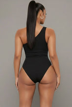 Ribbed Knit Cut Out One Shoulder Bodysuit: Black / L
