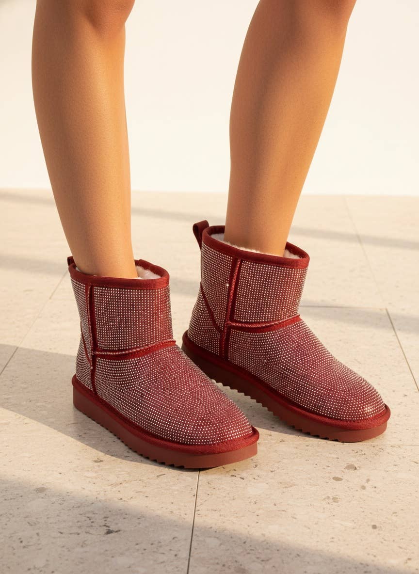 [BEST SELLER] PRESLEY Rhinestone Embellished Cozy Mini Boots: BURGUNDY / A12