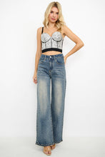 Med Denim Rhinestone High Waisted Stretch Wide Leg Denim Pants
