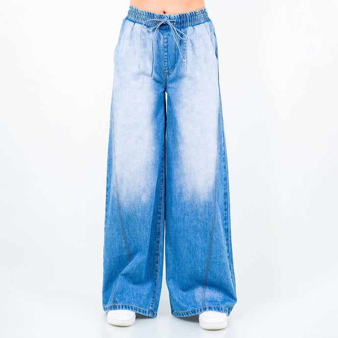Blue Wash Wide Leg Pull On Jeans