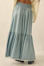 Light Chambray Tencel Denim High-Low Tiered Ruffle Maxi Skirt