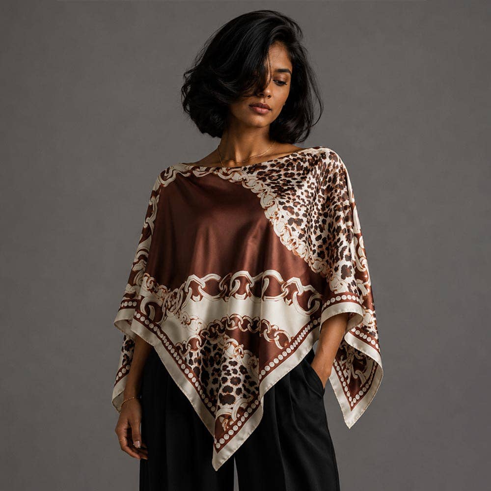 Brown Leopard Chain Print Scarf Poncho