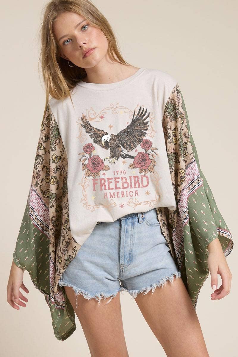 Antique White Green Free Bird America 1776 Graphic Sheer Sleeves Kaftan Top