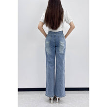 Blue Embroidered Cutout Straight Leg Jeans