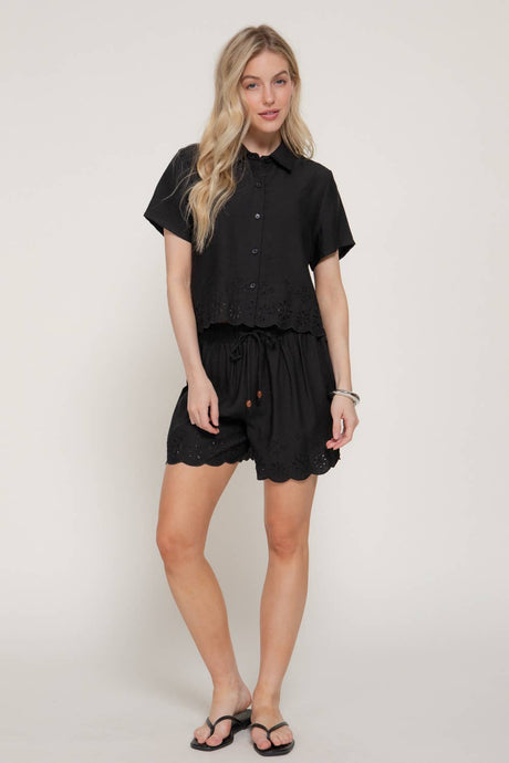Black Waistband with String Eyelet Hem Woven Shorts