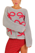 Grey Red Sugarplum Bow Knit Sweater
