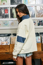 Cream Washed Blue Color-Block Snap-Neck Sweatshirt